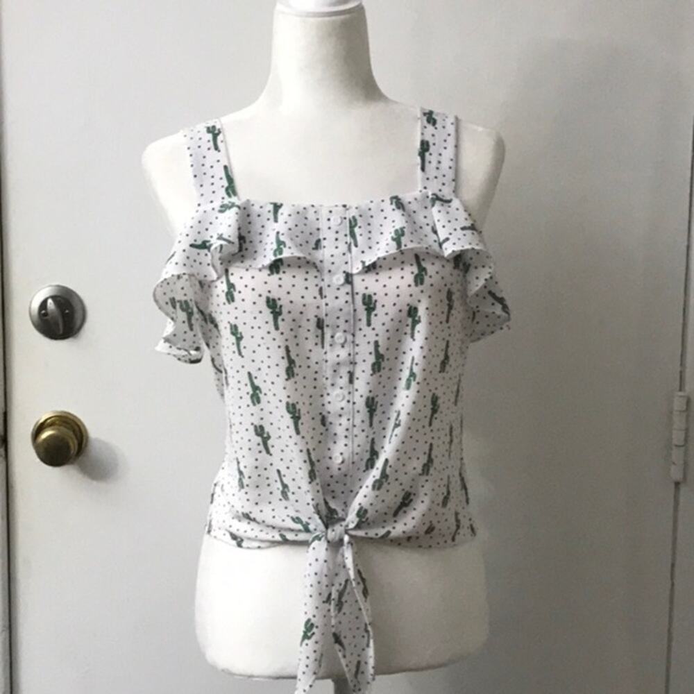 Elodie Ruffled Green/White Cactus Tank Top XS Summer Costal Cowgirl Western Twee